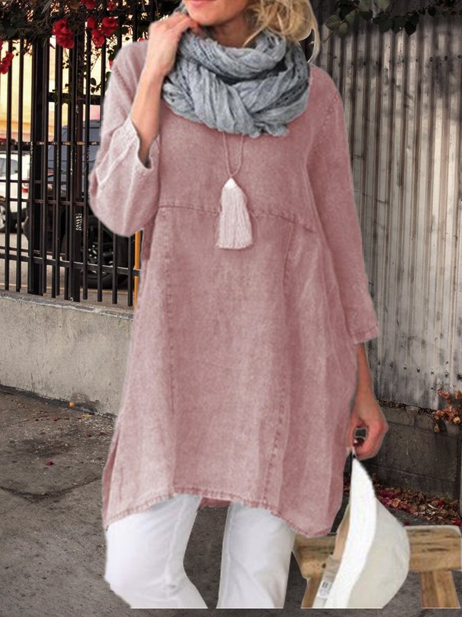 Women Pockets Plain Casual Three Quarter Sleeve Cotton and Linen Tunic Top