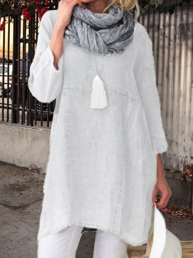 Women Pockets Plain Casual Three Quarter Sleeve Cotton and Linen Tunic Top