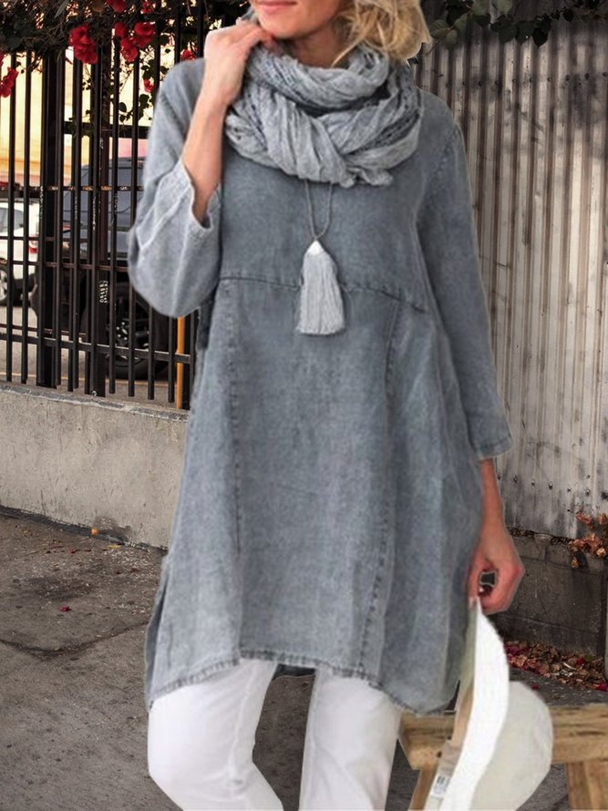 Women Pockets Plain Casual Three Quarter Sleeve Cotton and Linen Tunic Top