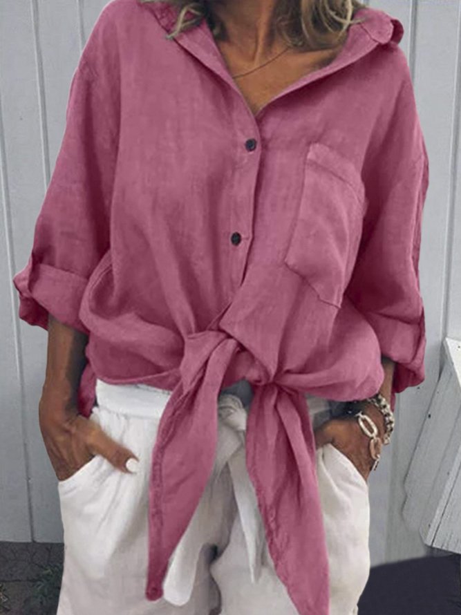 Long Sleeve Buttoned V Neck Solid Shirt