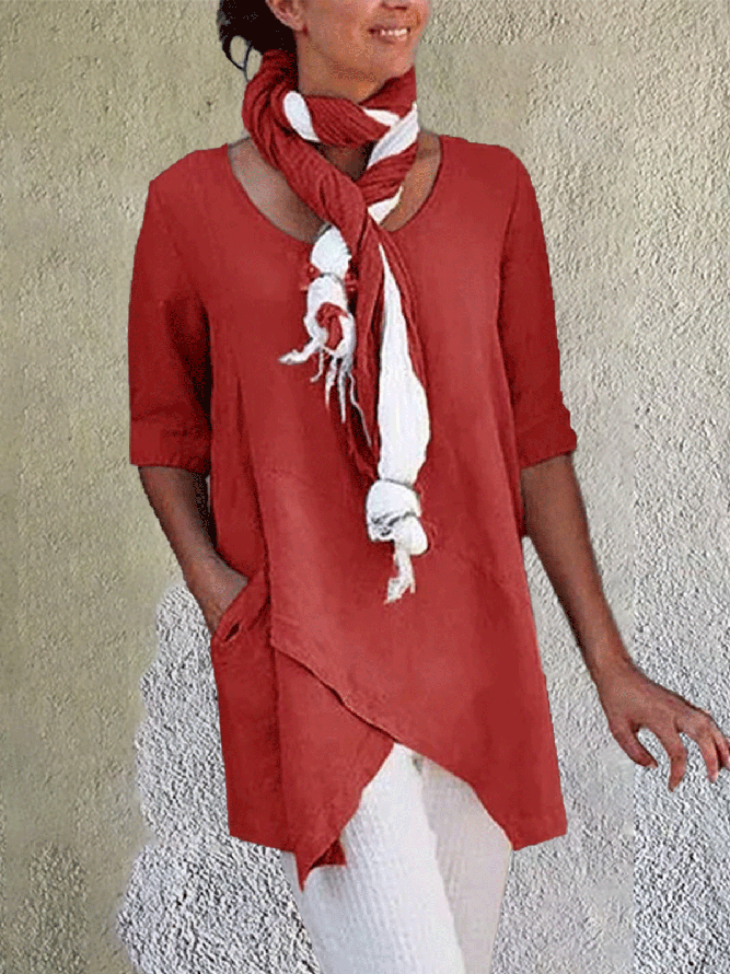 Women Solid Asymmetrical Hem Pockets Half Sleeve Casual Plus Size Cotton Linen Tunic Top