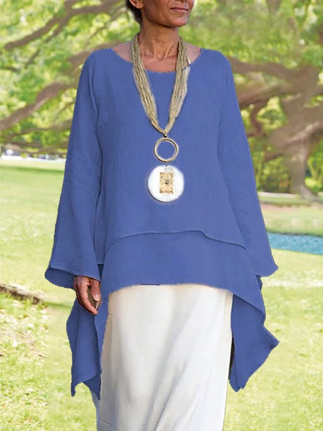 Plain Asymmetrical Hem Casual Loose Three Quarter Sleeve Crew Neck Linen Tunic