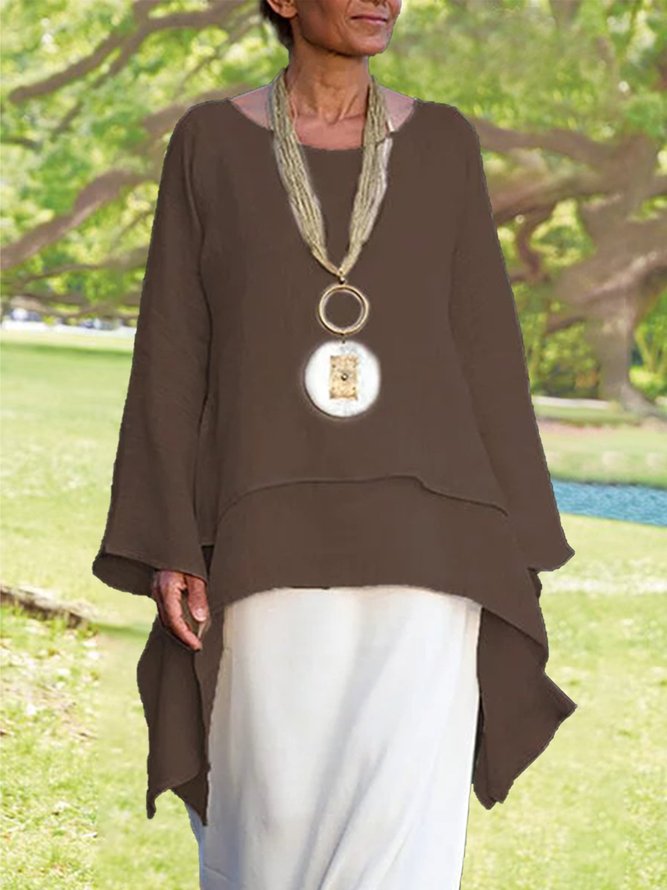 Plain Asymmetrical Hem Casual Loose Three Quarter Sleeve Crew Neck Linen Tunic