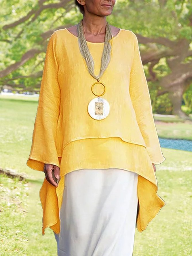 Plain Asymmetrical Hem Casual Loose Three Quarter Sleeve Crew Neck Linen Tunic