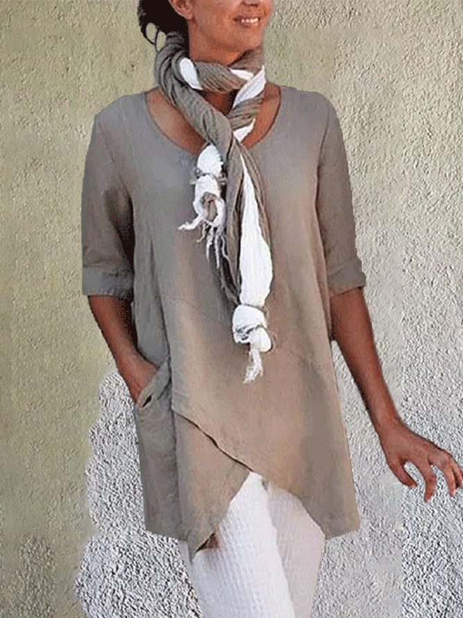 Women Solid Asymmetrical Hem Pockets Half Sleeve Casual Plus Size Cotton Linen Tunic Top