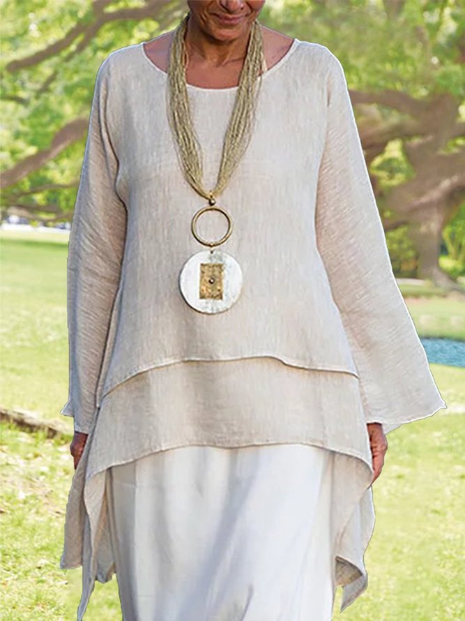 Plain Asymmetrical Hem Casual Loose Three Quarter Sleeve Crew Neck Linen Tunic