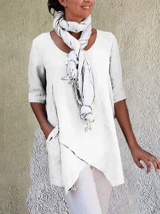 Women Solid Asymmetrical Hem Pockets Half Sleeve Casual Plus Size Cotton Linen Tunic Top