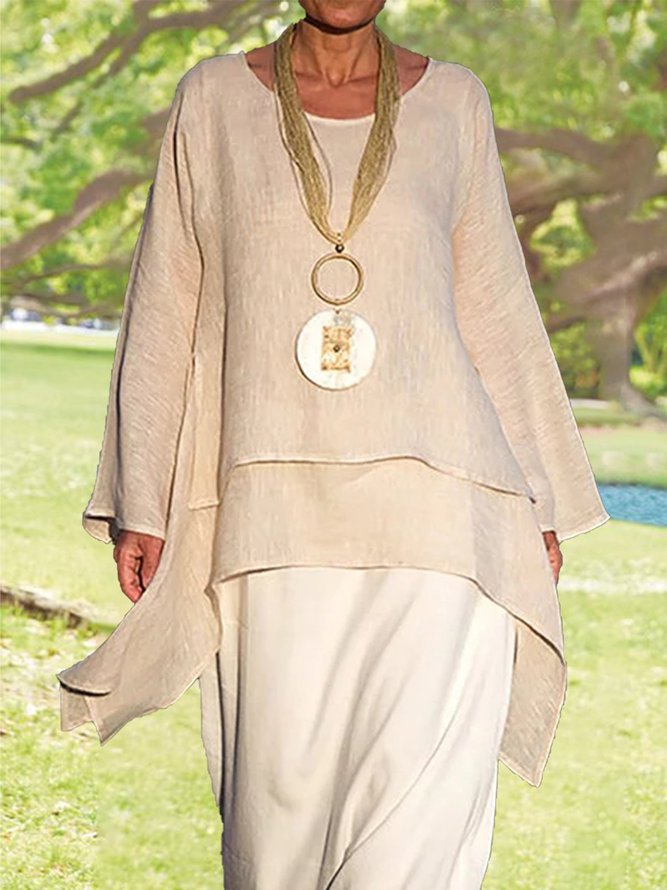Plain Asymmetrical Hem Casual Loose Three Quarter Sleeve Crew Neck Linen Tunic