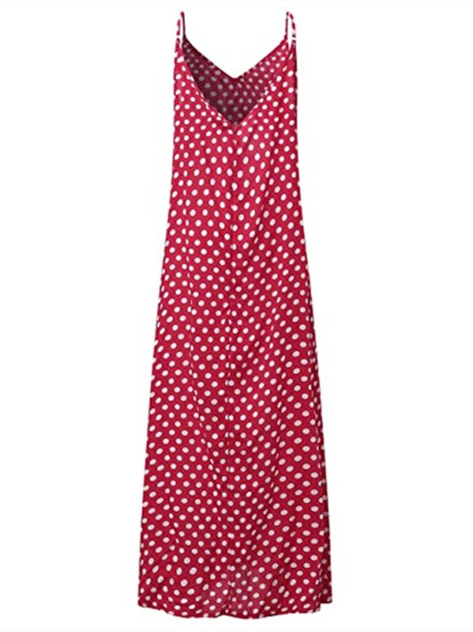 Polka Dots Casual V-neck Sleeveless Pockets Maxi Dress Vacation Summer Tank Dress