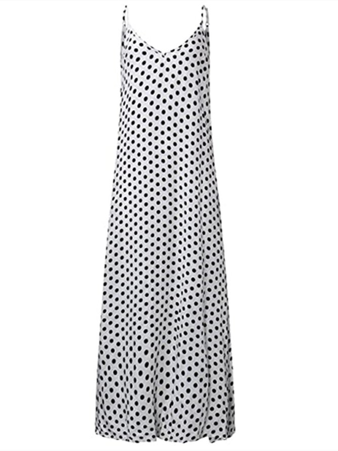 Polka Dots Casual V-neck Sleeveless Pockets Maxi Dress Vacation Summer Tank Dress