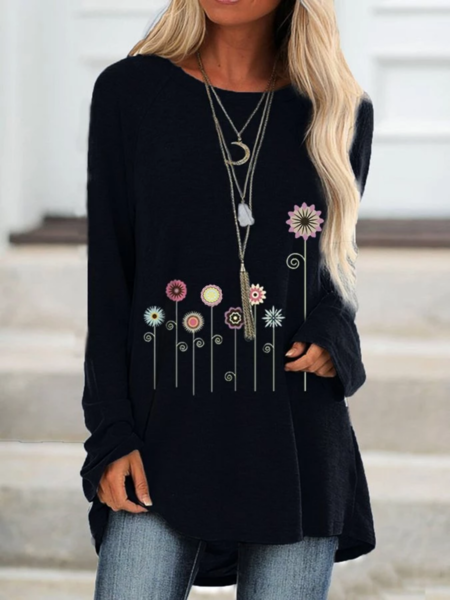 Casual Floral Crew Neck Long Sleeve Top