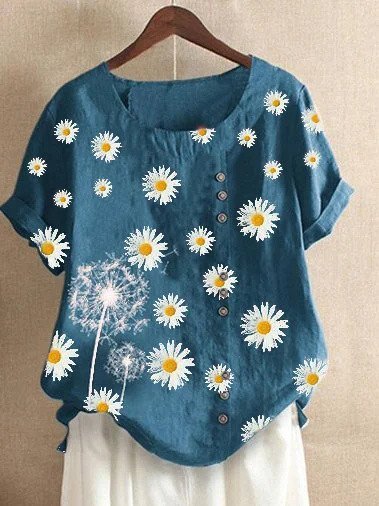 Plus Size Short Sleeve O-Neck Daisy Printed T-Shirts