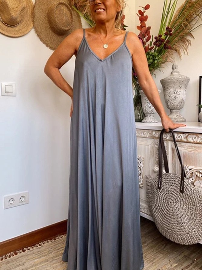 Gray V Neck Spaghetti-Strap Maxi Weaving Dress