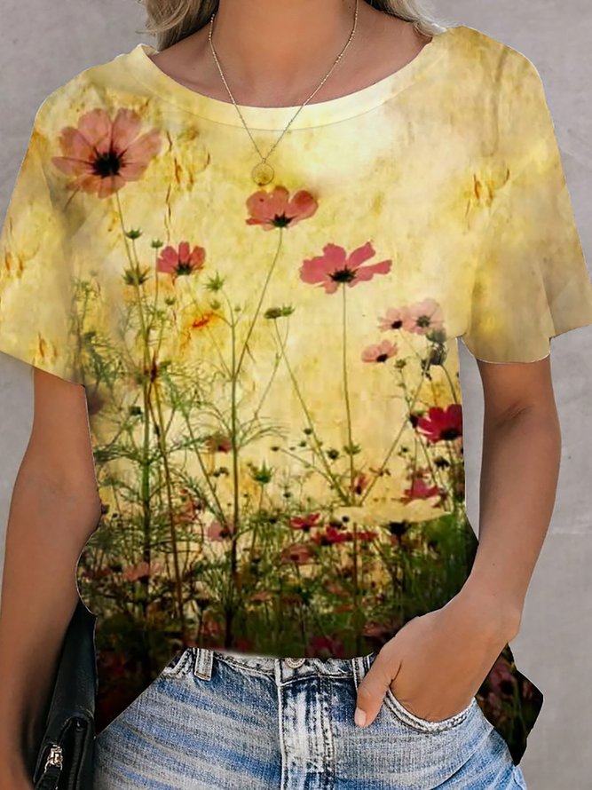 Floral Printed Casual Cotton T-Shirt