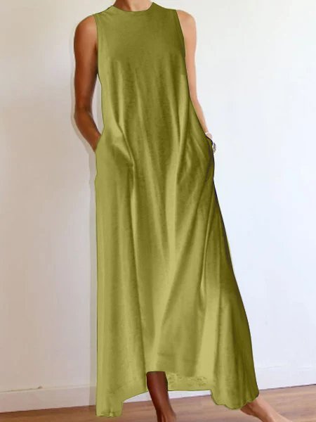 Round Neck Loose Solid Sleeveless Maxi Summer Dress with Pockets