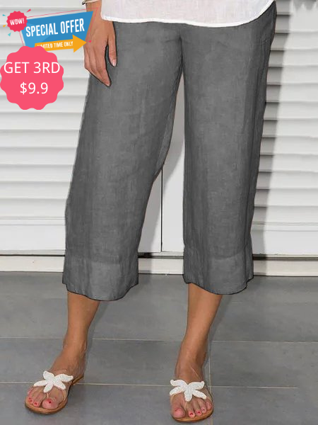 Summer Casual Elastic Waist Solid Loose Capris Linen Pants