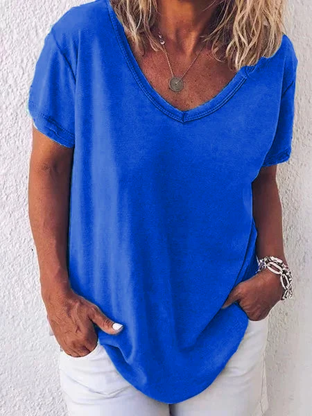 Women Casual Solid Plus Size Loosen V Neck Short Sleeve Summer T-shirt