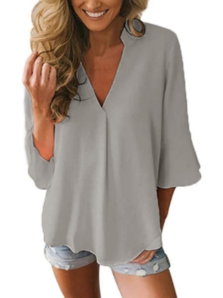 Women Casual Flowy 3/4 Sleeve V Neck Solid Lightweight Blouse