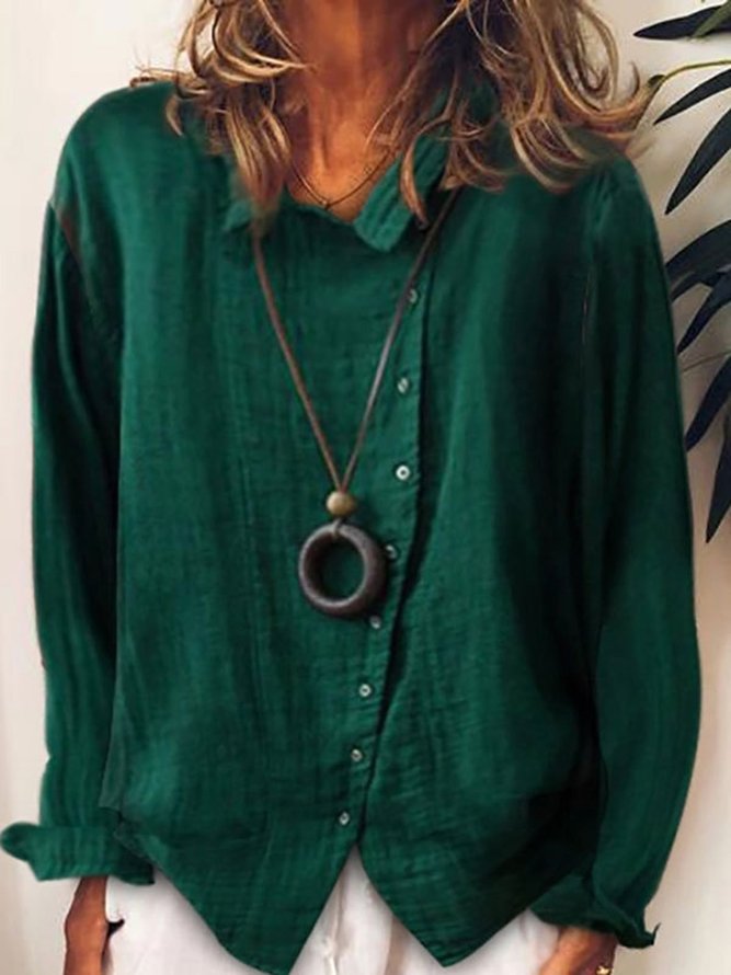 Women Solid Irregular Single-breasted Button Cotton Long Sleeve Linen Blouse