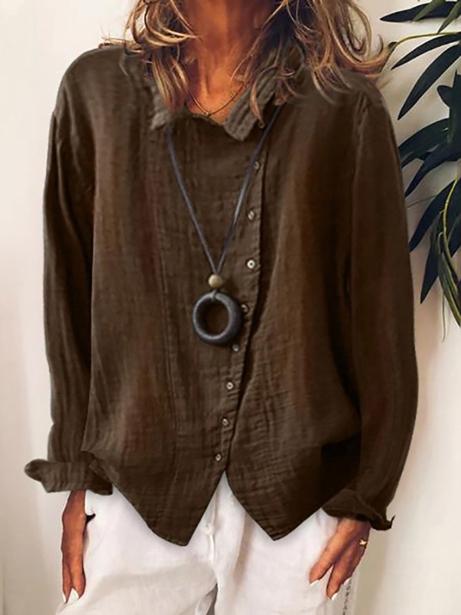Women Solid Irregular Single-breasted Button Cotton Long Sleeve Linen Blouse