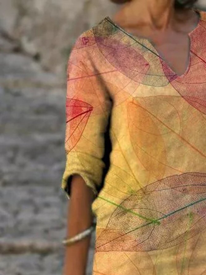 Women's Leaves Print Casual V Neck  Dress