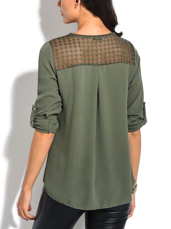 Army Green Shift V Neck Casual Solid Tops