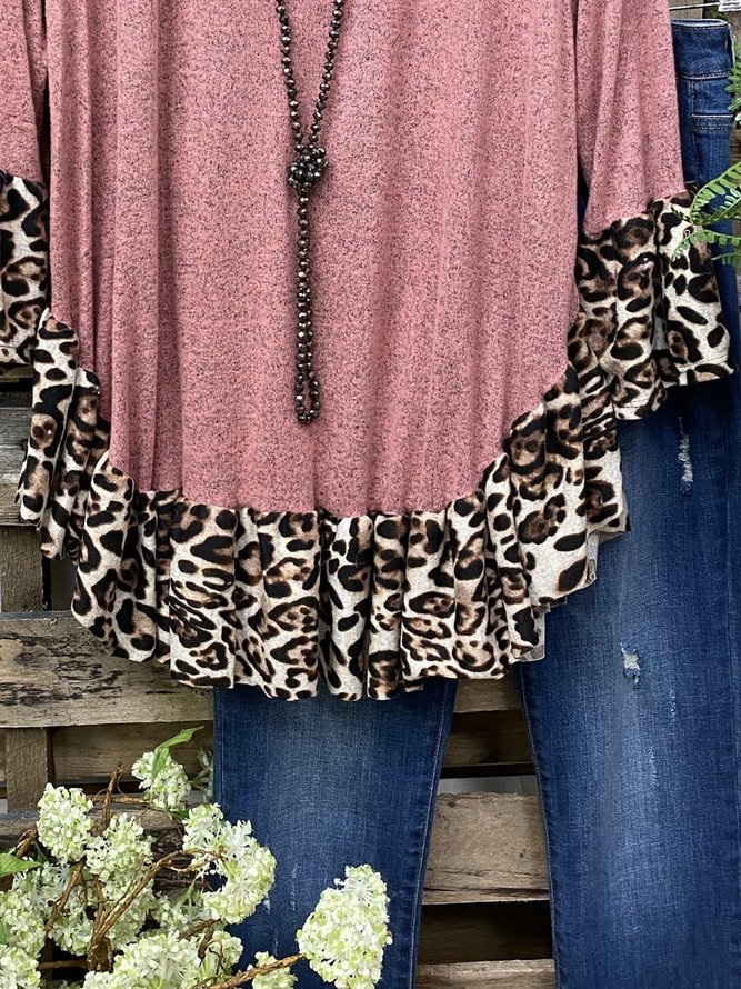 Animal Print Trim at Neck on Ruffled sleeves Cotton-Blend Tops