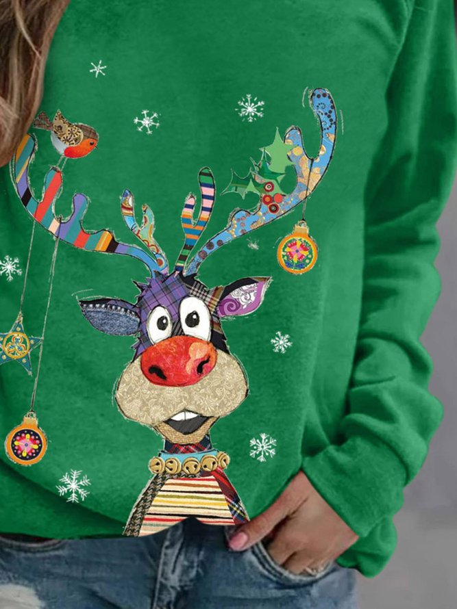 Women Deer Print Christmas Holiday Shift Casual Long Sleeve Sweatshirt