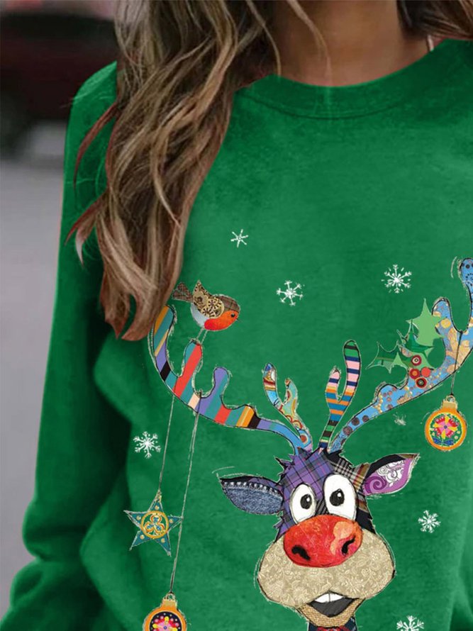 Women Deer Print Christmas Holiday Shift Casual Long Sleeve Sweatshirt