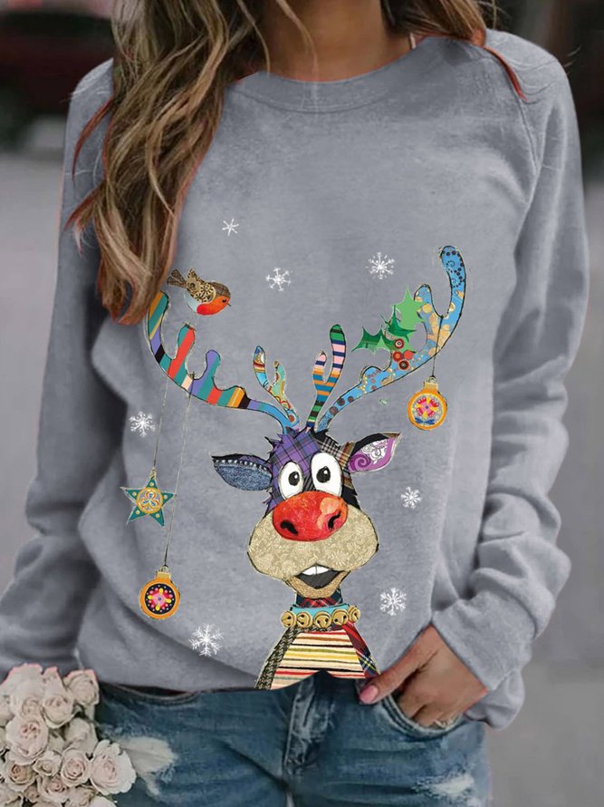 Women Deer Print Christmas Holiday Shift Casual Long Sleeve Sweatshirt