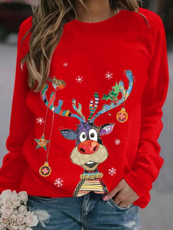 Women Deer Print Christmas Holiday Shift Casual Long Sleeve Sweatshirt