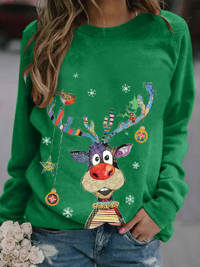 Women Deer Print Christmas Holiday Shift Casual Long Sleeve Sweatshirt
