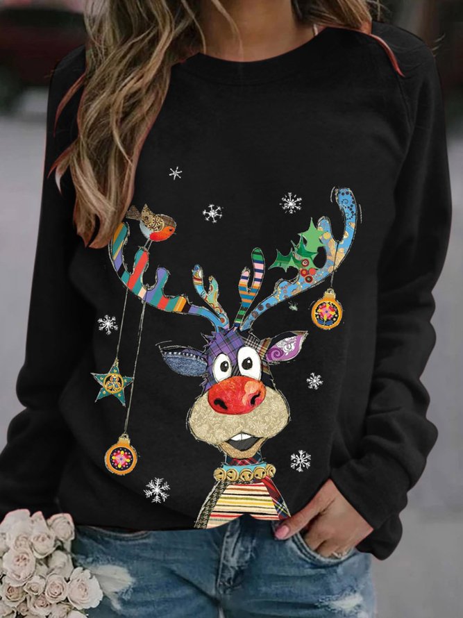 Women Deer Print Christmas Holiday Shift Casual Long Sleeve Sweatshirt