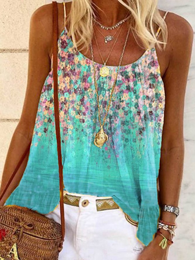 Floral-Print Floral Spaghetti Casual Tops