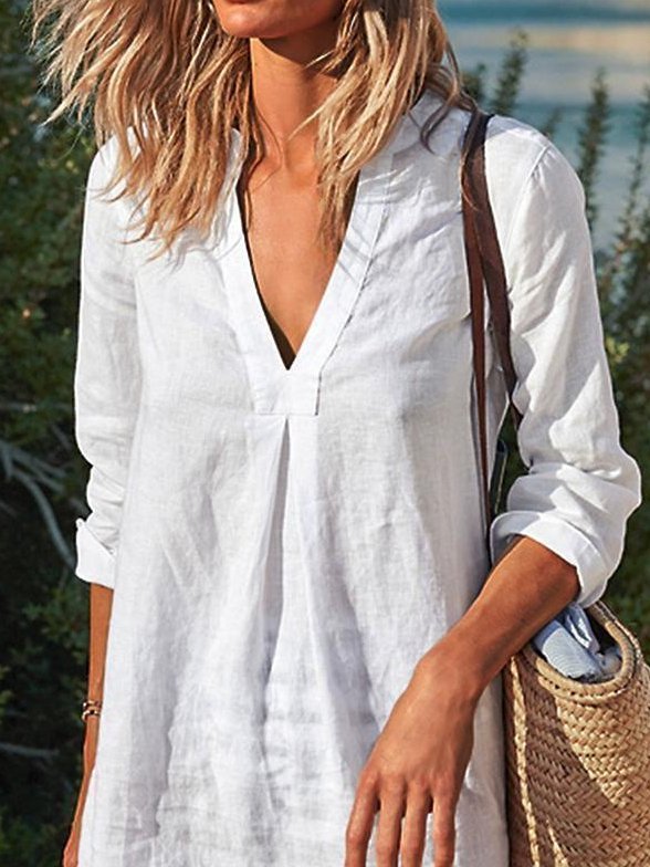 V Neck Long Sleeve Plain Casual Women Dress