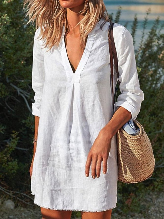 V Neck Long Sleeve Plain Casual Women Dress