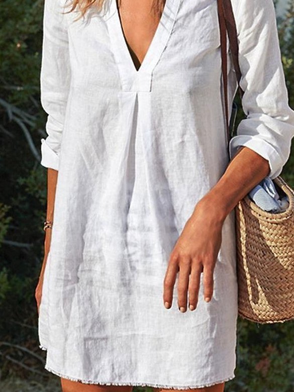 V Neck Long Sleeve Plain Casual Women Dress