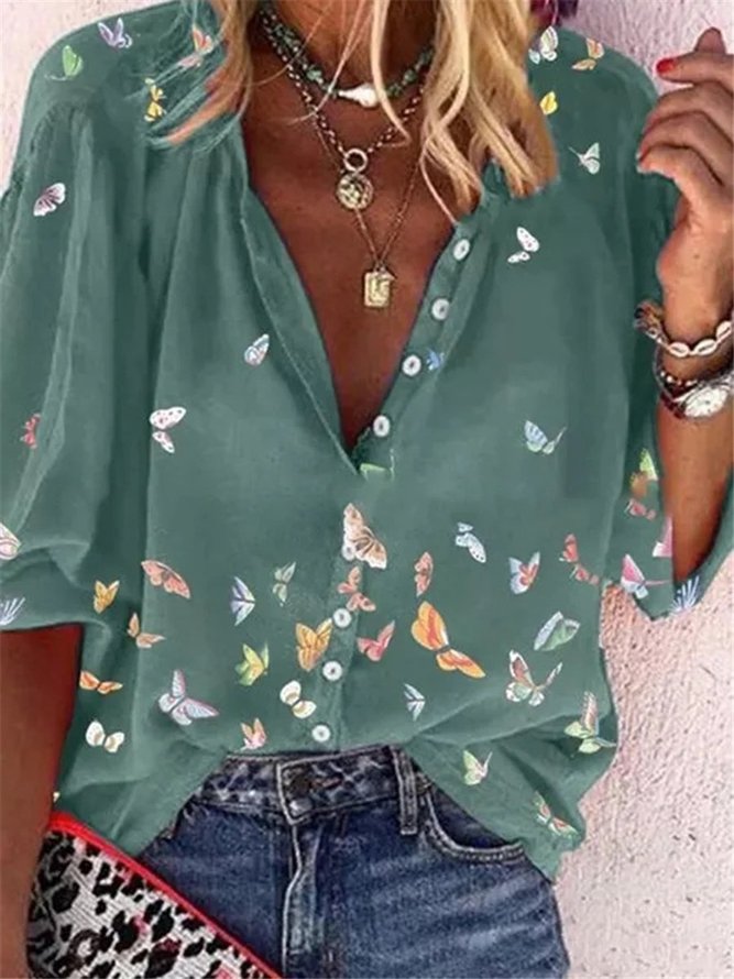 Women Butterfly Casual Long sleeve Vacation Blouse