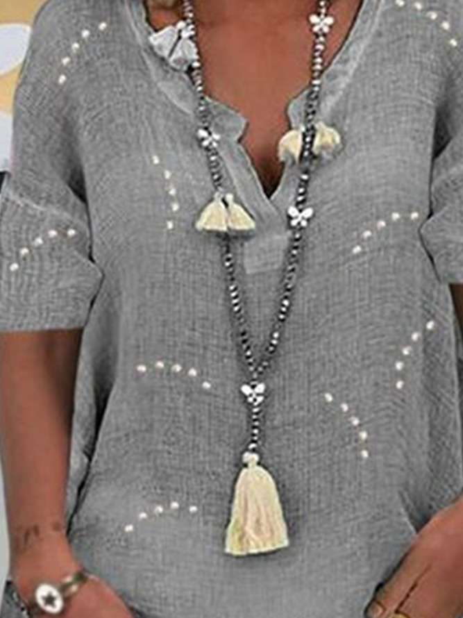 Casual Gray V Neck Vintage Short Sleeve Linen Tunic Top
