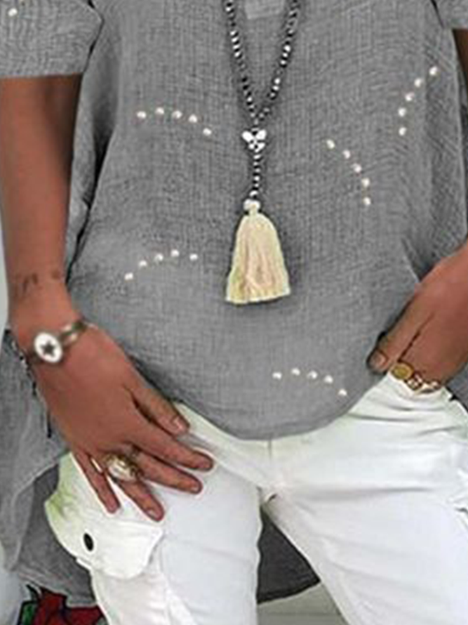 Casual Gray V Neck Vintage Short Sleeve Linen Tunic Top