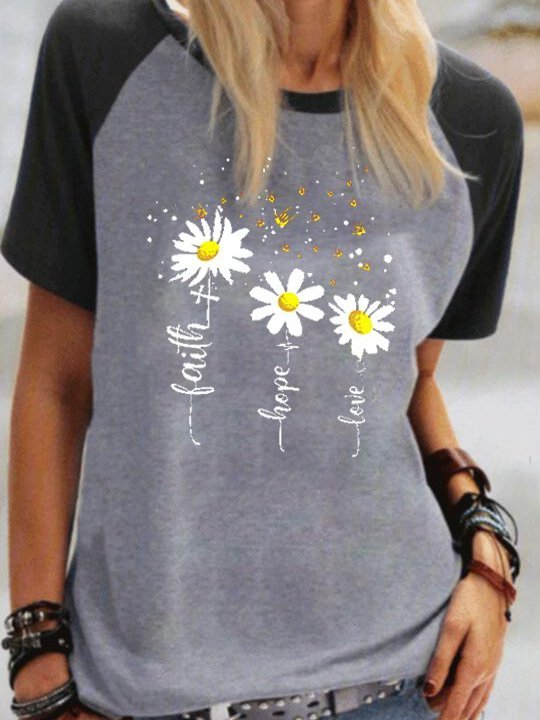 Short Sleeve Casual Sunflower Color-Block T-shirt