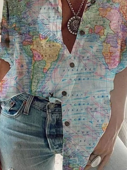 Vintage Map  Shift Short Sleeve Graphic Shirt Collar Blouse
