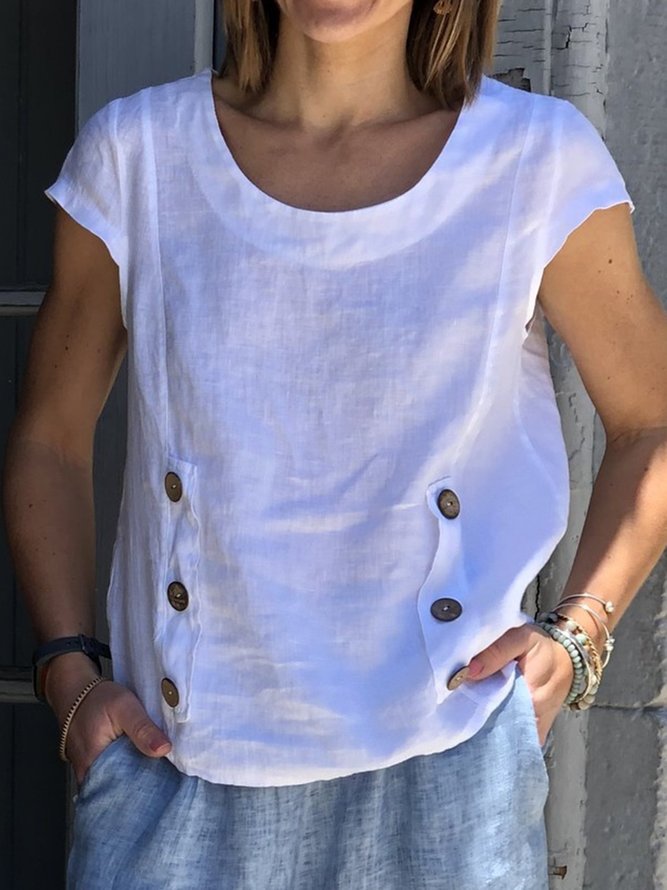 Women Casual Linen Crew Neck Buttoned Short Sleeve Summer T-shirt