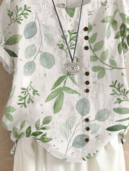 Casual Crew Neck Leaves Buttoned Short Sleeve Blouse