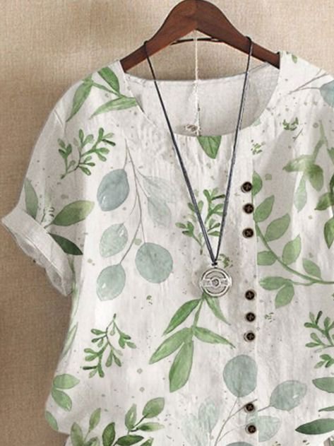 Casual Crew Neck Leaves Buttoned Short Sleeve Blouse