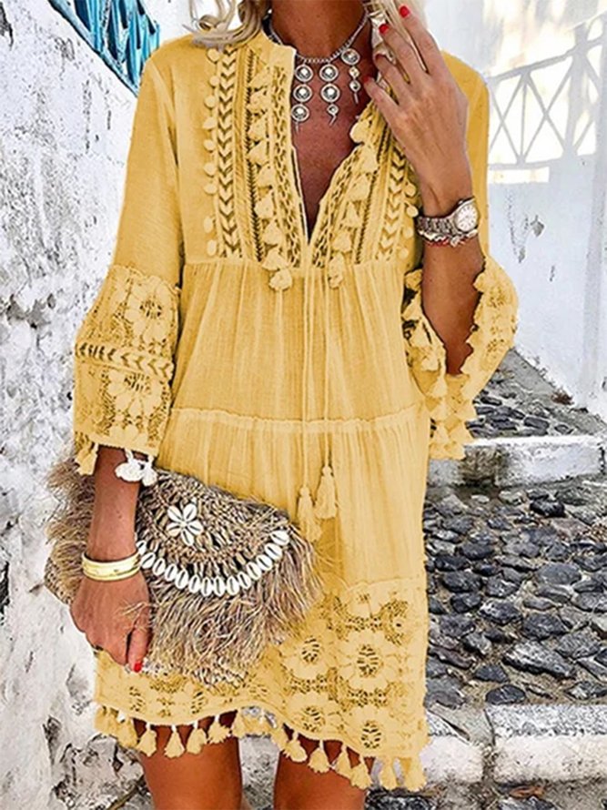 3/4 Sleeve V Neck Holiday Boho Dress roselinlin