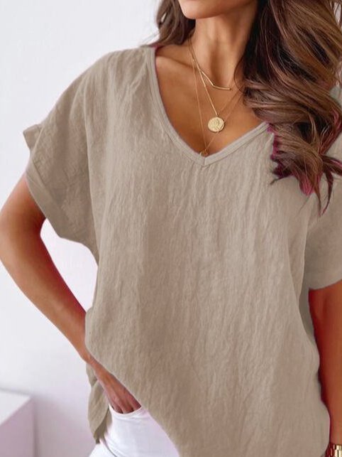 Casual V Neck Cotton Loosen Short Sleeve Khaki Linen T-shirt
