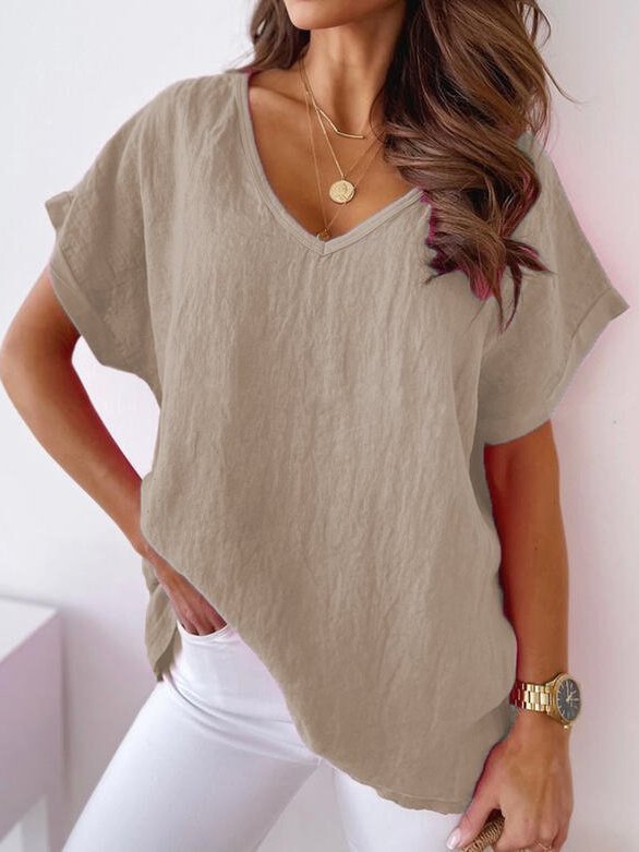 Casual V Neck Cotton Loosen Short Sleeve Khaki Linen T-shirt