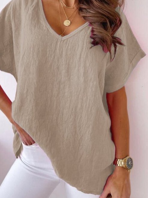 Casual V Neck Cotton Loosen Short Sleeve Khaki Linen T-shirt