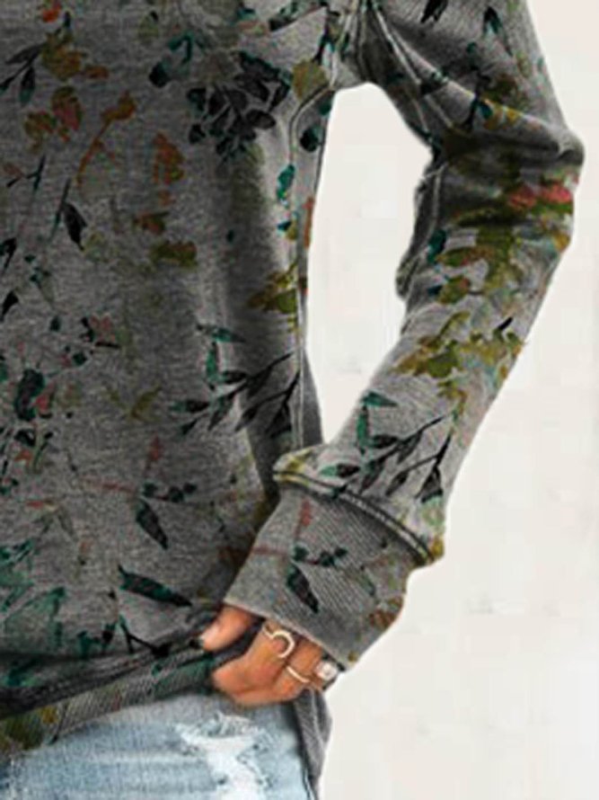 Casual Crew Neck Cotton-Blend Leaves Shirt & Top